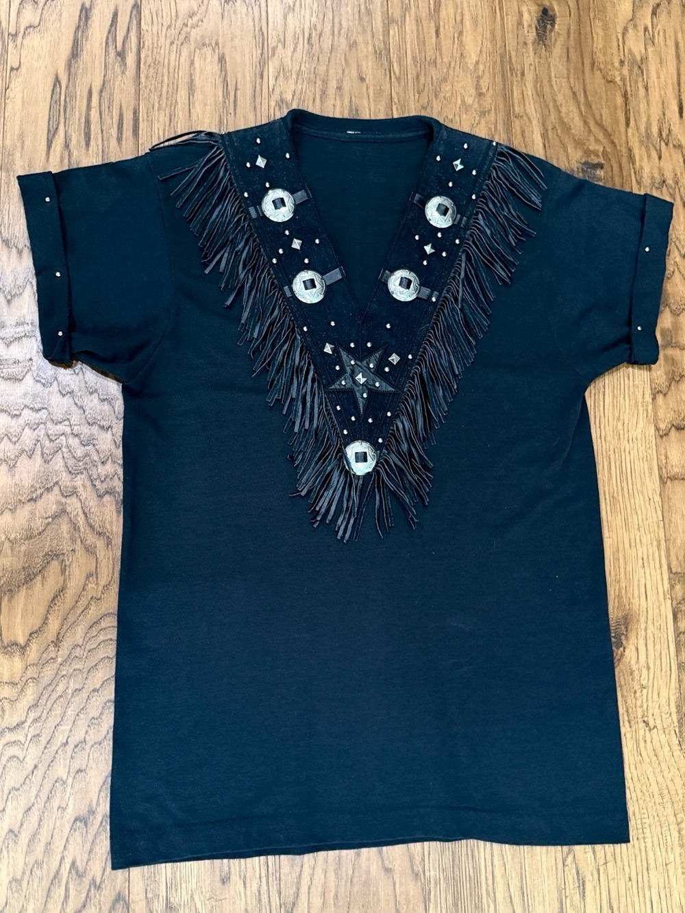 Vintage Rare Xperiance Tony Ward
Black Tee Shirt Sz S Black Fringe Studs Conchos